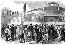 Enlisting Irish and German emigrants on the Battery, New York, USA, 1864. Creator: Mason Jackson