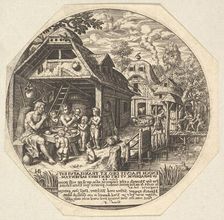 Enoch and his family surrounding a meal table and holding their hands in a gestur..., ca. 1580-1623. Creator: Johann Theodor de Bry