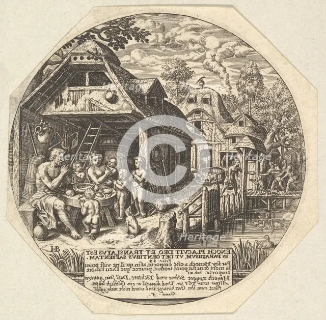 Enoch and his family surrounding a meal table and holding their hands in a gestur..., ca. 1580-1623. Creator: Johann Theodor de Bry.