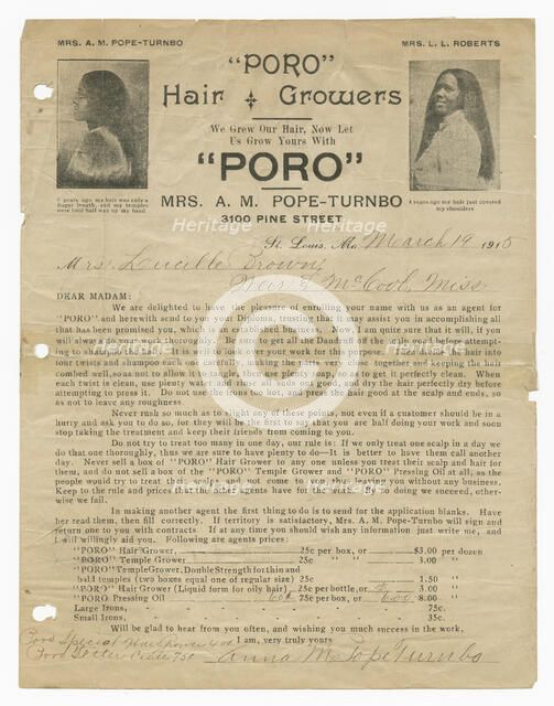 Enrollment Certificate to Poro College for Lucille Brown, March 19, 1915. Creator: Unknown.