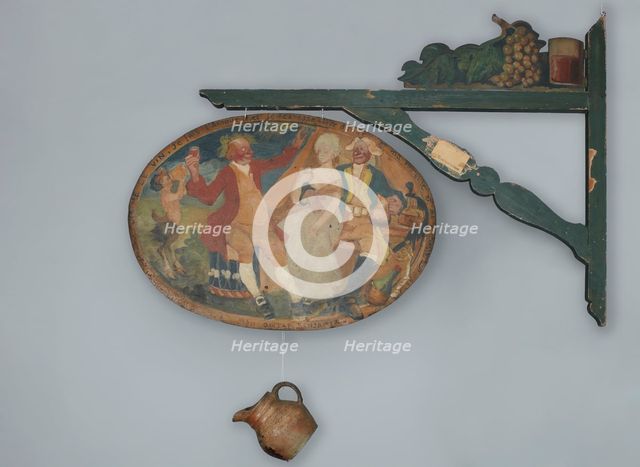 Enseigne du groupe "Le Verre de vin" : scènes de beuverie. Médaillon ovale peint sur..., c1898-1900. Creator: Bernard Naudin.
