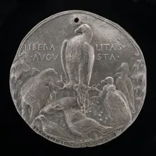 Eagle and Lesser Birds of Prey in a Rocky Landscape [reverse], 1449. Creator: Pisanello
