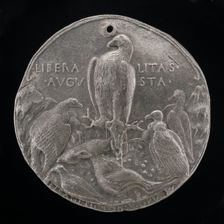 Eagle and Lesser Birds of Prey in a Rocky Landscape [reverse], 1449. Creator: Pisanello