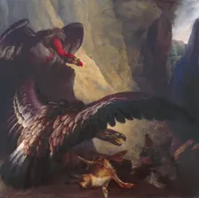 Eagle and Vulture disputing with a Hyena, c1801. Creator: Philip Reinagle