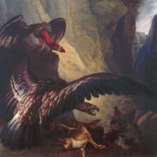 Eagle and Vulture disputing with a Hyena, c1801. Creator: Philip Reinagle