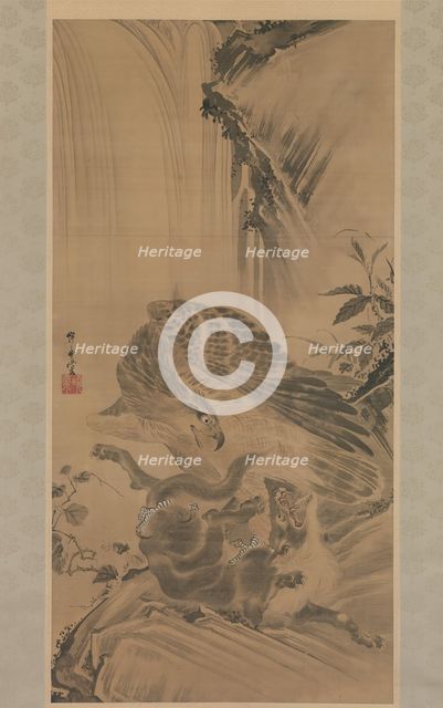Eagle Attacking a Mountain Lion, 1885. Creator: Kawanabe Kyosai.