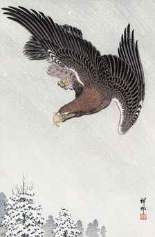 Eagle in flight against a snowy sky, c1933. Creator: Ohara Koson