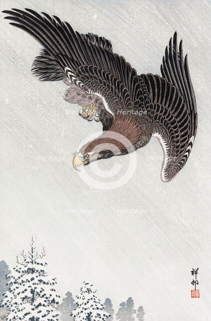 Eagle in flight against a snowy sky,  c1933. Creator: Ohara Koson.