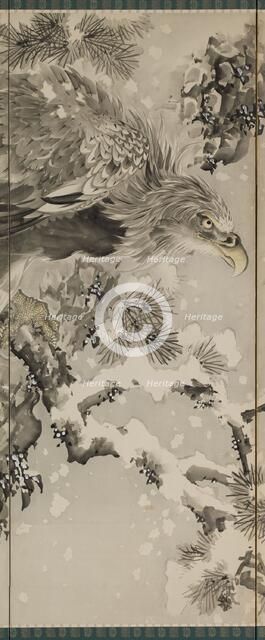 Eagle on a snowy pine, c.1850. Creator: Kishi Renzan.