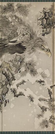 Eagle on a snowy pine, c.1850. Creator: Kishi Renzan