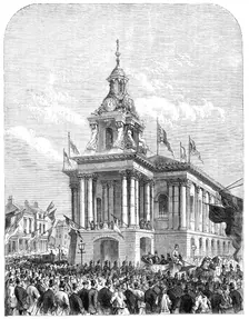 Earl de Grey and Ripon going from the Townhall at Burslem to open the Wedgwood Institute, 1869. Creator: Unknown