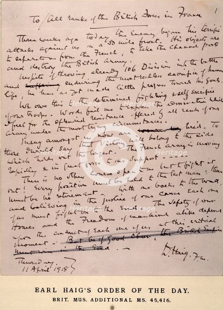 Earl Haig's Order of the Day, 11 April 1918.  Creator: Sir Douglas Haig.