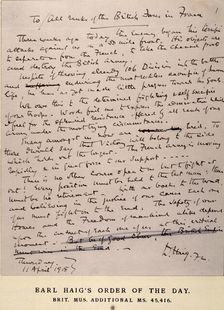Earl Haig's Order of the Day, 11 April 1918. Creator: Sir Douglas Haig