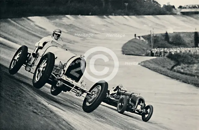 'Earl Howe and Sir Henry Birkin racing at Brooklands', 1937. Artist: Unknown.