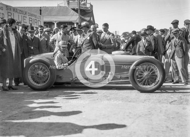 Earl Howe in his Delage GP at the BARC Meeting, Brooklands, 25 May 1931. Artist: Bill Brunell.