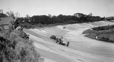 Earl Howe's Delage GP leading ER Hall's Bentley at the BARC Meeting, Brooklands, 25 May 1931. Artist: Bill Brunell