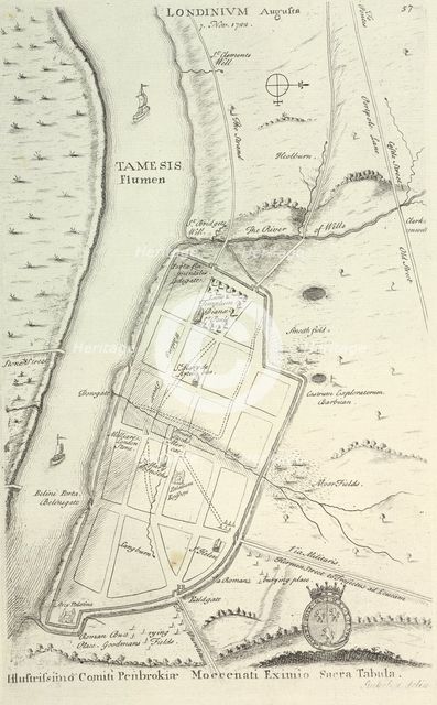 Earliest known map of Roman London, 1722. Creator: William Stukely.