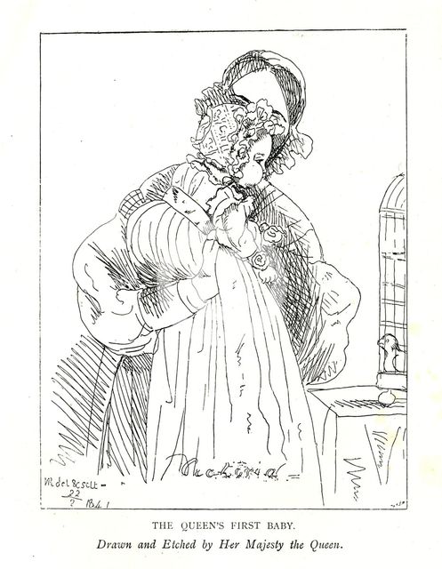 Earliest picture known of Victoria's first daughter, then the Princess Royal, age 3 months, with her Artist: Queen Victoria