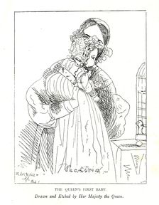 Earliest picture known of Victoria's first daughter, then the Princess Royal, age 3 months, with her Artist: Queen Victoria