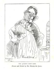 Earliest picture known of Victoria's first daughter, then the Princess Royal, age 3 months, with her Artist: Queen Victoria