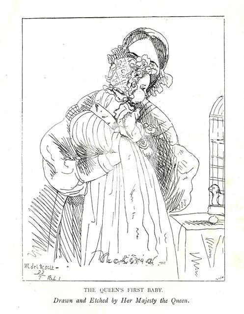 Earliest picture known of Victoria's first daughter, then the Princess Royal, age 3 months, with her Artist: Queen Victoria