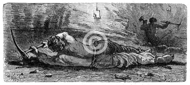 Early 19th century coal miner working a narrow seam, c1868.  Creator: Anon.