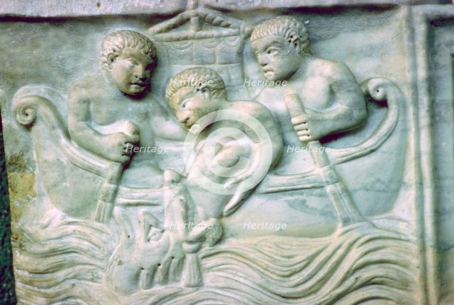 Early Christian depiction of Jonah and the Whale on a sarcophagus, 4th century. Artist: Unknown
