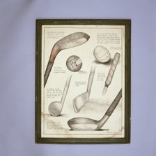Early golf clubs, putters and balls. Creator: HB Martin