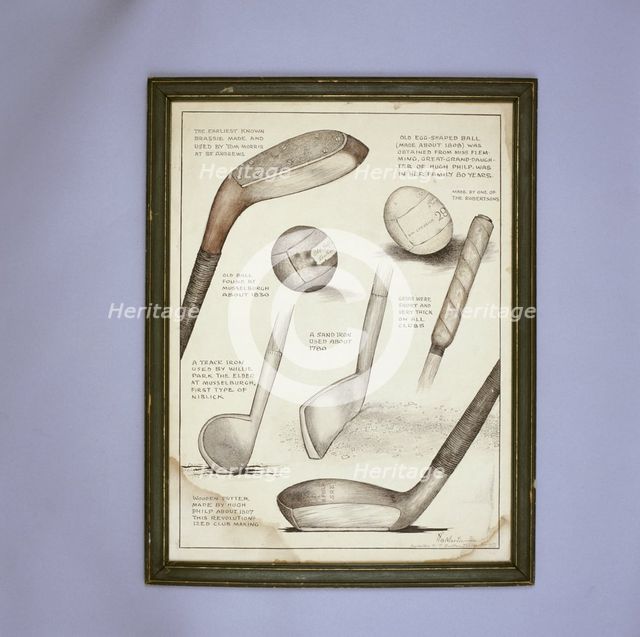 Early golf clubs, putters and balls. Creator: HB Martin.