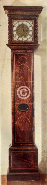 'Early Long-Case Clocks - Thirty-hour, ten-inch dial clock. Walnut veneer and inlaid boxwood stringi Creator: Unknown.