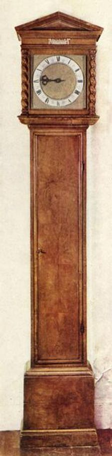 Early Long-Case Clocks - Thirty-hour, portico-top clock in walnut case 1947. Creator: Unknown