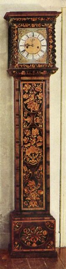 Early Long-Case Clocks - Second-and-a-quarter clock in inlaid marqueterie case 1947. Creator: Unknown