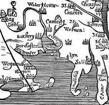 Early map of Massachusetts Bay, USA
