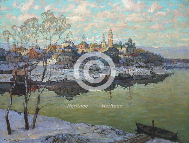 Early Spring, A City at the River', 1916. Creator: Gorbatov, Konstantin Ivanovich (1876-1945).