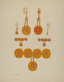 Earrings and Brooch, c. 1937. Creator: Tulita Westfall