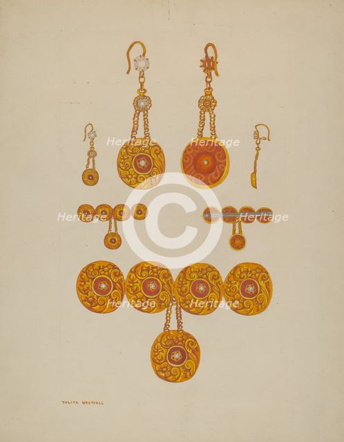 Earrings and Brooch, c. 1937. Creator: Tulita Westfall.