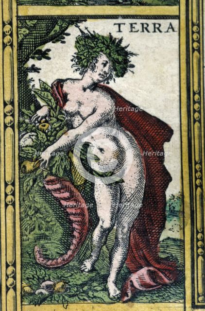  'Earth', coloured engraving from the book 'Le Theatre du monde' or 'Nouvel Atlas', 1645, created…
