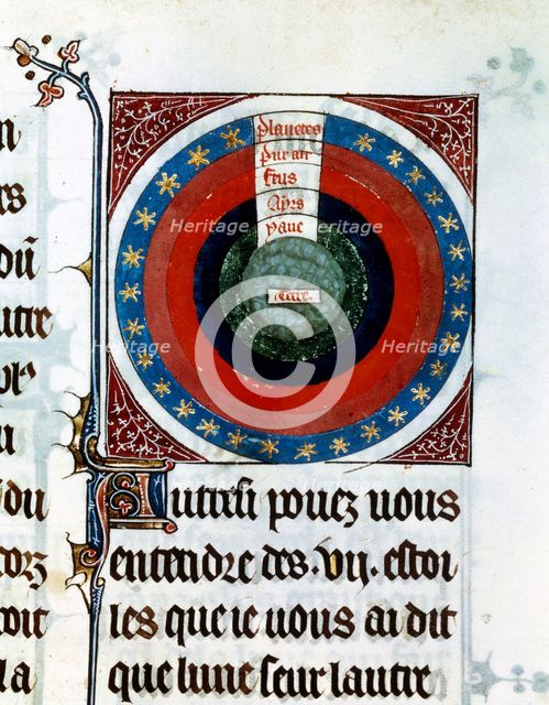 Earth surrounded by Water, Air, Fire, the planets and stars, 13th century. Artist: Unknown
