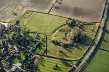 Earthwork remains of a motte and bailey castle and ridge and furrow cultivation, Seckington, 2022. Creator: Damian Grady