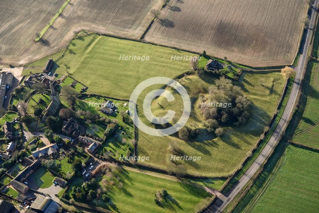 Earthwork remains of a motte and bailey castle and ridge and furrow cultivation, Seckington, 2022. Creator: Damian Grady.