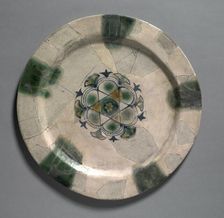 Earthenware Dish Painted Blue with Splashes of Green and Yellow, 830-900. Creator: Unknown