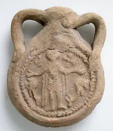 Earthenware Pilgrim Flask with Saint Menas, Byzantine, ca. 610-50. Creator: Unknown