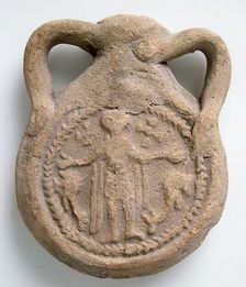 Earthenware Pilgrim Flask with Saint Menas, Byzantine, ca. 610-50. Creator: Unknown
