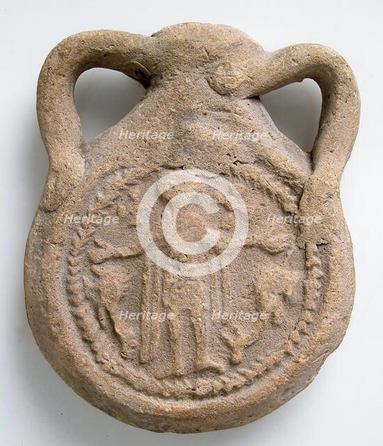 Earthenware Pilgrim Flask with Saint Menas, Byzantine, ca. 610-50. Creator: Unknown.