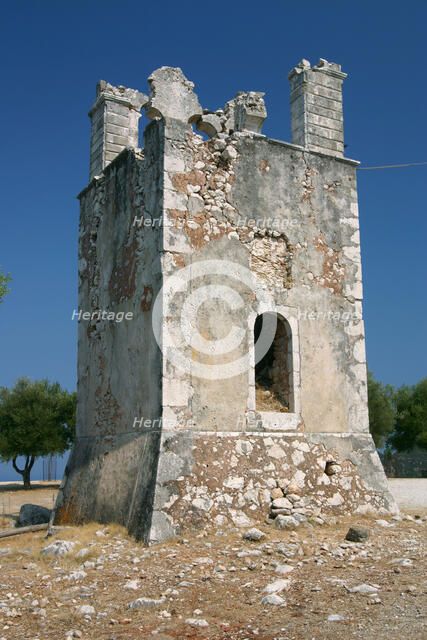 Earthquake ruined bell-tower, Monastery of Agrilion, Kefalonia, Greece