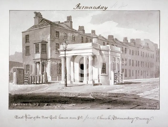 East view of the new toll house near St James' Church, Bermondsey, London, 1827.         Artist: John Chessell Buckler