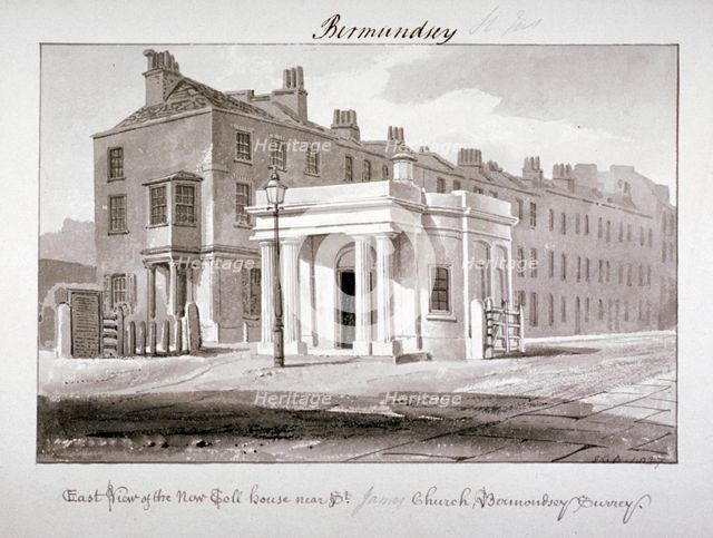 East view of the new toll house near St James' Church, Bermondsey, London, 1827.         Artist: John Chessell Buckler
