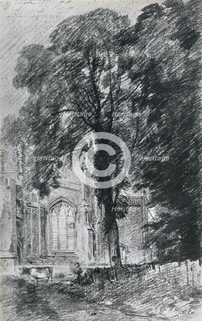 East Bergholt Church: part of the west end seen beyond a group of elms, (1812), 1925. Artist: Unknown