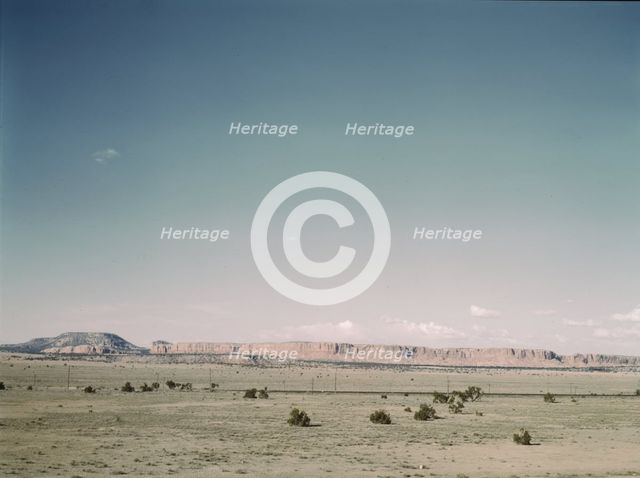 East bound track of the Santa Fe R.R. across desert country near South Chaves, New Mexico, 1943. Creator: Jack Delano.