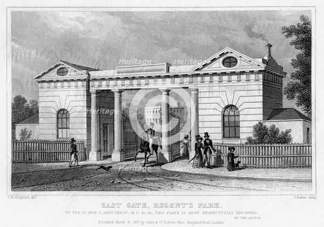 East Gate, Regent's Park, London, 1827.Artist: Thomas Barber